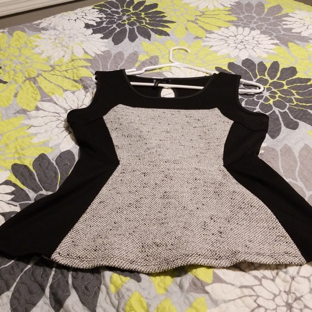Black with gray tweed inset peplum top